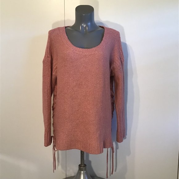 Lucky Brand Glitter Knit Scoop Neck Sweater With Lace Up Detail On Sides Size L - Picture 1 of 11